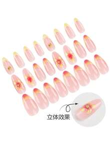 24片短杏仁形漸層黃色與粉色熱帶花卉設計穿戴甲套組，含果凍膠與指甲锉，適合女性日常佩戴、派對及日常使用 - 彩色 - 查看 2