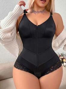 1pc Women's Plus Size Fat Burning Body Shaper Jumpsuit, Front Zipper Design, Compression Shapewear, Butt Lift & Tummy Control, Suitable For Daily Wear - Black - View 3