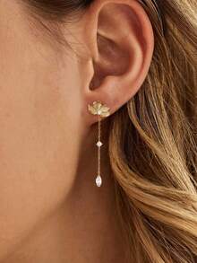 Brincos Florais Femininos, Brincos de Corrente Personalizados Requintados, Brincos Pendentes Longos Banhados a Ouro 14K, Brincos Pendentes de Ouro Únicos, Joias de Ouro - Dourado - Visão 6