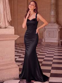 Basrey Black Sweetheart Neck Strap High Waist Fishtail Evening Dress, Bridesmaid Dress For Prom, Graduation Ceremony, Banquet Wedding Spring - Black - View 8