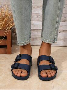 Men's Couple Minimalist Solid Color EVA One-Piece Molded Lightweight Double-Strap Comfortable Flat Bottom Buckle Breathable Slide Sandals, Plus Size For Home, Outdoor, Beach - Blue - View 5