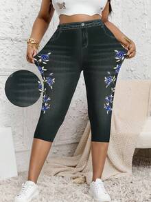 Plus Size Women's Denim Effect Print Capris, Decorated With Floral Pattern And Faux Pockets, Medium Stretch Slim Fit Vacation Summer - Multicolor - View 3