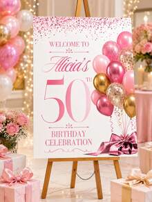 Custom Pink Birthday Party Display Board, Personalized Poster; Customizable Text Event Welcome Party Board; Balloon And Bow Decor Foam Board; Luxury Birthday Photo Prop Display Board (Stand Not Included) - Multicolor - View 4