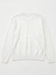Women's Beige Cute Double‑Bear Jacquard Knit Sweater, Round Neck Loose Drop‑Shoulder Ribbed Long‑Sleeve Pullover, Fall Back‑To‑School Outfit, - White - View 8