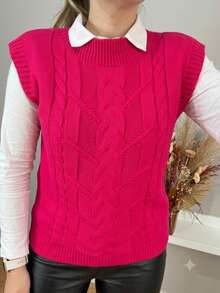 Women's Winter Knit Vest Blogger Simple Casual Knitted Cable Stitch - Hot Pink - View 2