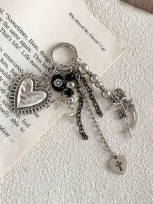 1pc,Y2K Gothic Heart Bag Charm Keychain Cross Pendant Korean Punk Purse Charm Metal Beaded Bag Accessory For Women - Multicolor - View 1