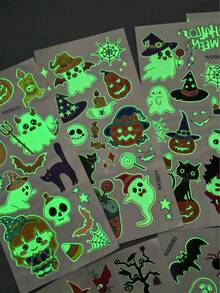 12pcs Halloween Glow-In-The-Dark Temporary Tattoo Stickers, Cute Cartoon & Scary Designs, Waterproof Face And Body Decals For Halloween Family Party, Cosplay, Face And Body Decoration - Multicolor - View 7