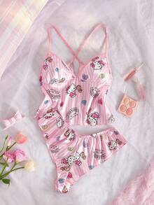 SANRIO 两件套女士Hello Kitty睡衣套装，粉白条纹，露背开衩，字母爱心印花，波点，V领，蕾丝拼接，短款睡衣，可爱睡衣套装，甜美家居服套装 - 粉色 - 查看 5
