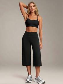 VVX Women's Capri Leggings High Waist Wide Leg Solid Color Loose Yoga Pants Sports Training Pants - Black - View 4