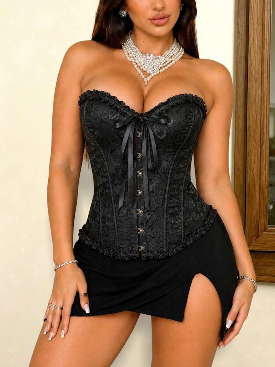 Apperloth A Plus Size Gothic Style Jacquard Print Lace-Up Eyelet Front Ruffle Backless Bustier Corset Black Summer - Black - View 1