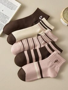 5 Pairs Women's Maillard Color Striped Short Socks, Seamless Retro Colorblock Short Socks, Suitable For Casual Daily Wear - Multicolor - View 6