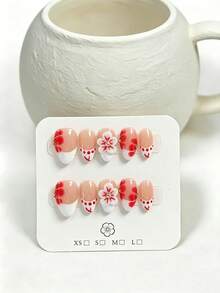 10 piezas de uñas postizas hechas a mano, forma de almendra, estilo suave para la temporada de graduación, base nude transparente con punta francesa degradada en rojo y blanco + contorno de lunares rojos + flor 3D de cinco pétalos degradada en rojo y blanco + cuentas de metal dorado y adorno de strass central, diseño elegante minimalista y femenino que resalta la piel, adecuado para fiestas, bodas y uso diario, incluye herramientas para uñas, regalo perfecto para mujeres y niñas - Rojo - Ver 2