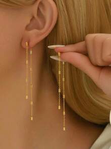 1 Pair Stainless Steel Teenager's Earrings, Long Tassel With Chain And Rectangular, Minimalist Luxury Style, Suitable For Daily Commute And Date - Multicolor - View 1