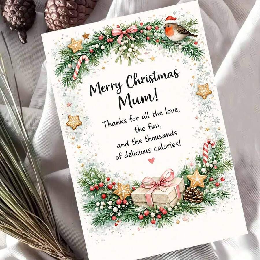 1 Greeting Card + 1 Envelope Warm Festive Christmas Greeting Card, Robin And Gift Box Design "Merry Christmas Mum", For Mother, Winter Holiday Watercolor Style. - View 1