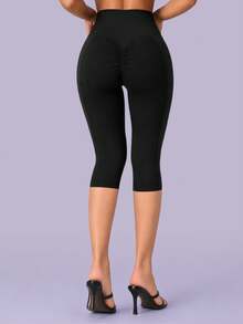 Women High Waisted Crossover Capri Yoga Leggings, Ruched Back Workout Gym Pants For Running Pilates Training Casual Activewear Sports - Black - View 11