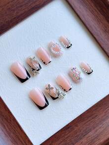 12pcs French Black & White Polka Dot Gradient Medium Length Press-On Nails, Reusable - 黑與白 - 查看 3