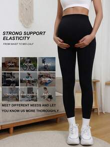 Legging Hamil Tanpa Jahitan Pinggang Tinggi Elastis Warna Polos Hitam - Hitam - View 5