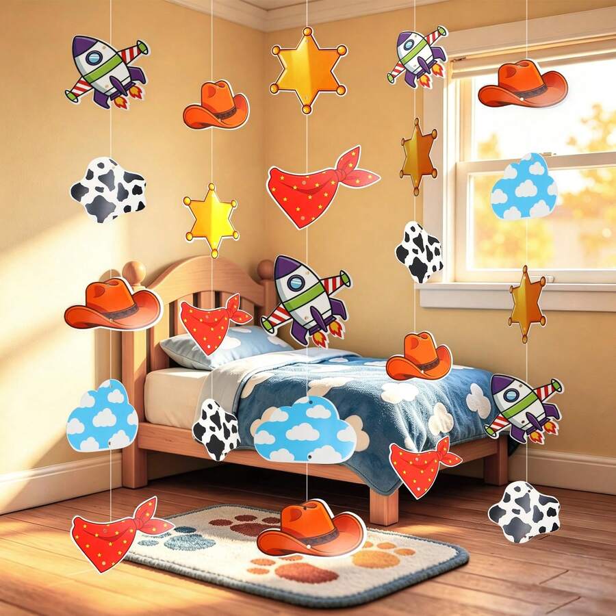 Story Birthday Party Banner, 6/12/24pcs Cartoon Pattern With Durable Fishing Line, Western Space Theme Party Decoration, Toy Birthday Decor, Bedroom Decoration - A - View 1