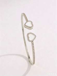 1/3 Piezas Pulsera de Corazón Abierta Chapada en Oro 16K con Cúbico de Circonita Rosa Incrustado en Cobre, Conjunto de Pulseras de Corazón, Combinación de Joyería Personalizada para Mujeres, Adecuada para Uso Diario de Mujeres, Regalo para Fiesta de Festival de Música - Plateado - Ver 4