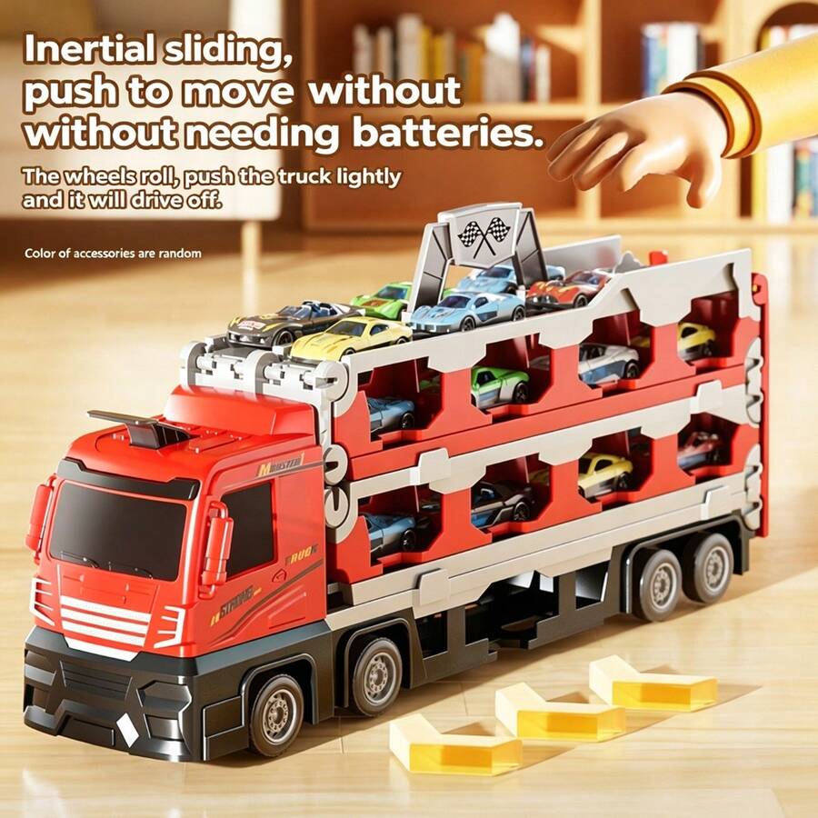 Children's Freight Truck Double-Layer Track Slide Alloy Car, Inertia Powered Transport Vehicle Engineering Car Simulation Model, Includes 8 Small Cars, Suitable Gift For 3-6 Year Old Boys And Girls