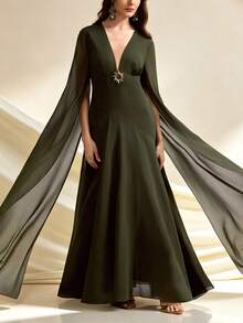 Aliao Elegant Chiffon Cinched Waist Metal Buckle Decor Flared Hem Long Sleeve Dress, Suitable For Elegant Ladies Concert, Brunch And Other Occasions, Full Of Bohemian Style - Army Green - View 3