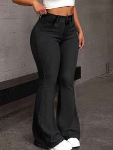 Plus Size Women Bell Bottom Jeans With Pockets, Suitable For Home, Daily Wear Or Office, Casual Winter Clothing For Ladies Spring Black - Black - View 7