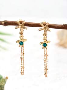 1 Pair Ocean Theme Turtle & Starfish Earrings, Minimalist Front & Back Chain Earrings, Bohemian Style Beach Jewelry - Multicolor - View 2