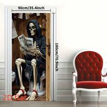 1pc Halloween Scary Skeleton Toilet Door Banner, Halloween Party Decoration, Halloween Horror Decor, Polyester Fabric, Suitable For Halloween, Haunted House, Indoor/Outdoor, Yard, Garden, Bathroom, Porch, Door Decoration - A - View 5