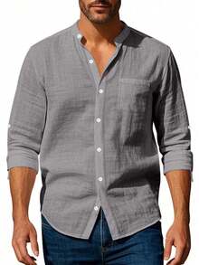 Men's Grey Linen Blend Shirt, Chinese Collar, Front Button Closure, Chest Pocket, Casual Long Sleeve, Summer Beach Top - Grey - View 4