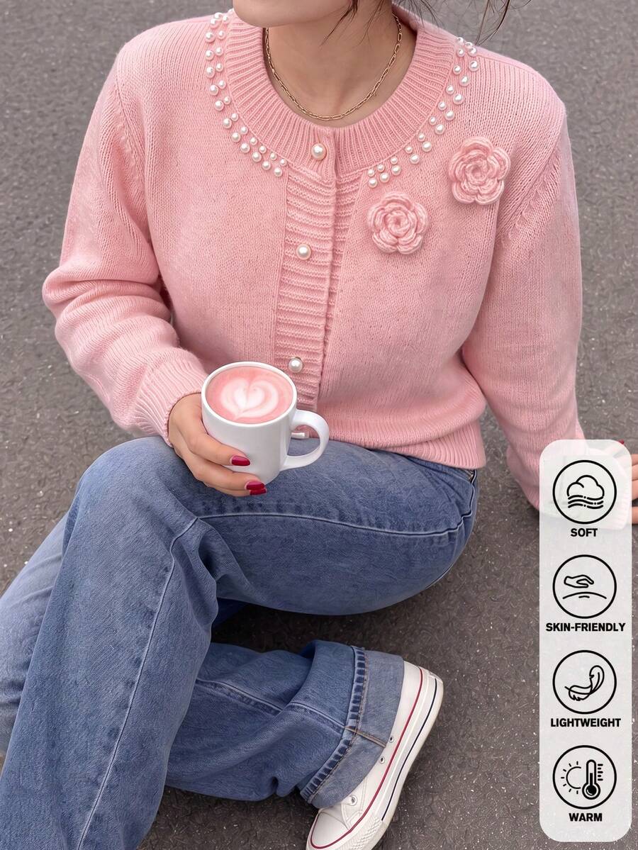 秋冬女款粉色圓領3D花朵針織開襟外套，聖誕新年甜美鈕扣長袖夾克 - 粉色 - 查看 1