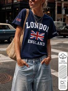 100% Cotone pesante Maglietta donna oversize a maniche corte, stampata con "LONDRA INGHILTERRA" e motivo bandiera britannica, traspirante e confortevole, versatile abbigliamento casual, stile college americano retrò, adatto per uscite in città, look da campus e feste a tema britannico in vacanza estiva - Marina - Visualizzare 2
