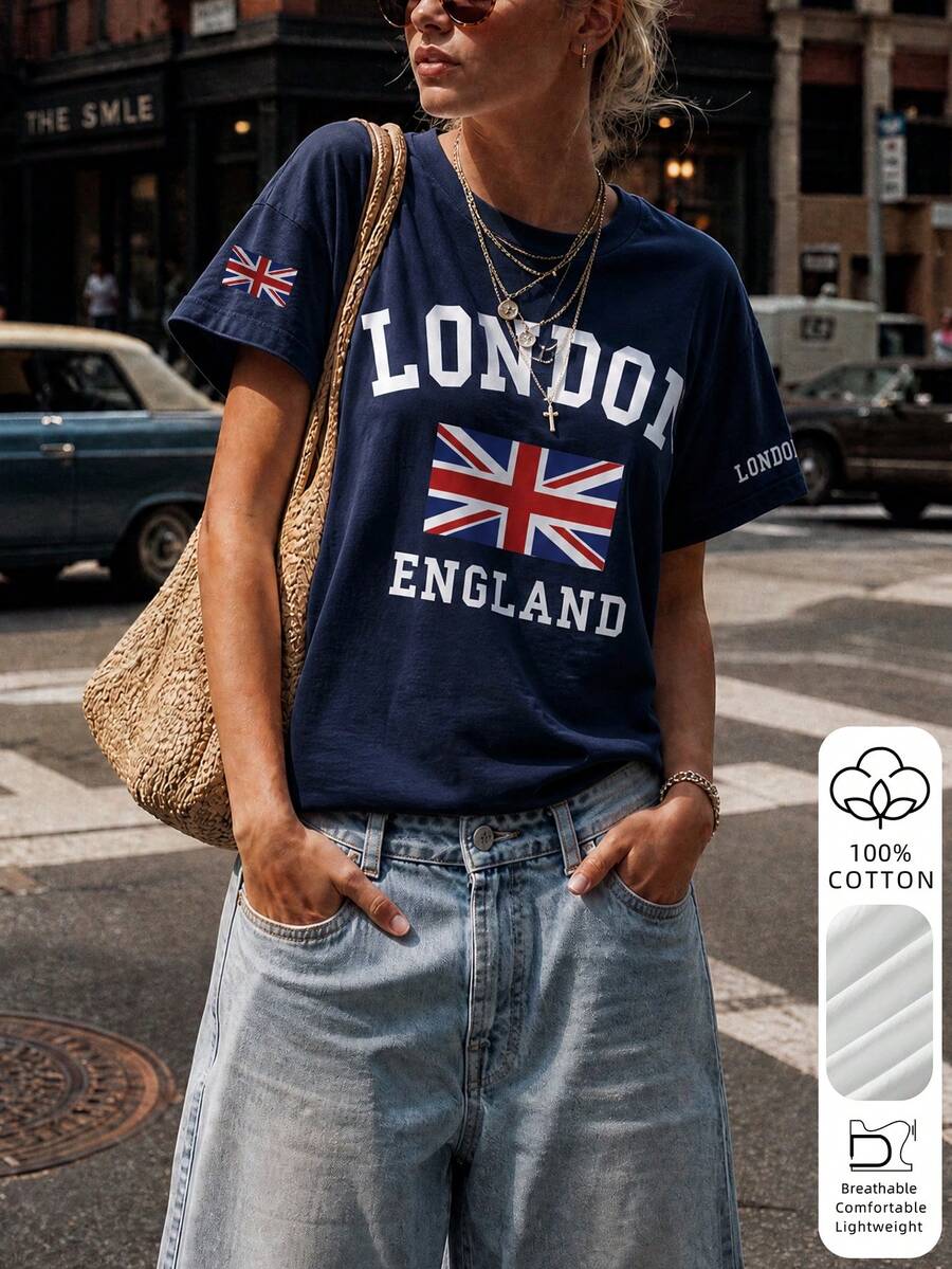 100% Cotone pesante Maglietta donna oversize a maniche corte, stampata con "LONDRA INGHILTERRA" e motivo bandiera britannica, traspirante e confortevole, versatile abbigliamento casual, stile college americano retrò, adatto per uscite in città, look da campus e feste a tema britannico in vacanza estiva