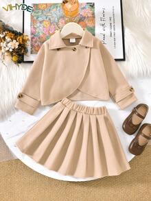 Vihyde Set 2 Potong Jaket Pendek Kerah Lapel Gaya Inggris & Rok Plisket Campuran Wol untuk Anak Perempuan Muda Musim Gugur/Dingin Outfit Musim Gugur - Aprikot - View 5