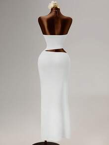 Women's Solid Color Pleated Hollow-Out Elegant Waist Midi Dress For Party - White - View 6