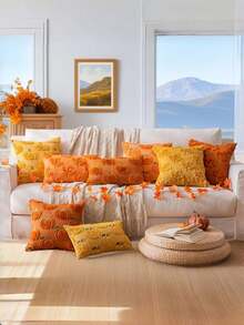 1/2 Stücke Herbst Kürbis Orange Kissenbezüge 18x18, Halloween Thanksgiving Innen Dekoration, Sofa Dekokissen, Feiertags Heim Dekoration - orange - Übersicht 8