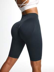 Leggings deportivos de punto sin costuras con cintura en V hasta la rodilla, cintura alta sin enrollamiento, suaves y amigables con la piel, para yoga, fitness y uso casual diario - Gris - Ver 3