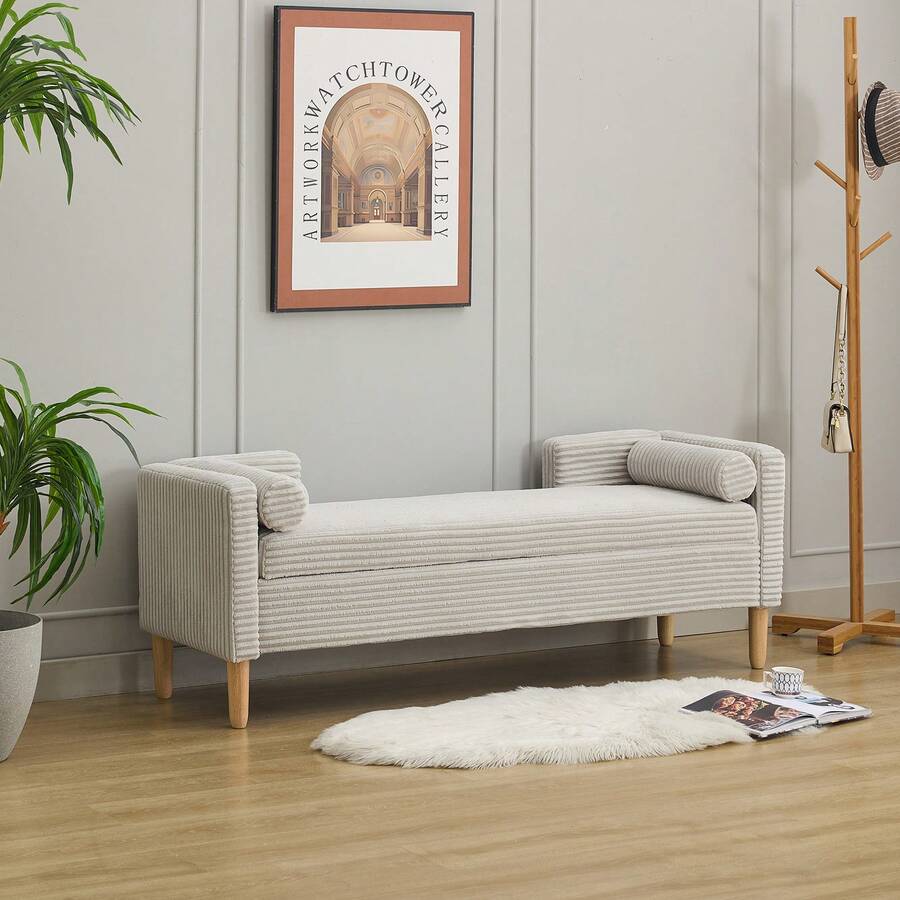 Velvet Storage Bench With Arms - Ideal For Living Room, Entryway And Bedroom - Ivory - 灰色 - 查看 1
