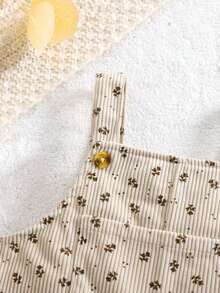 Vintage Thin Striped Floral Corduroy Overalls For Girls, Loose Casual Long Pants For Baby - Beige - View 5