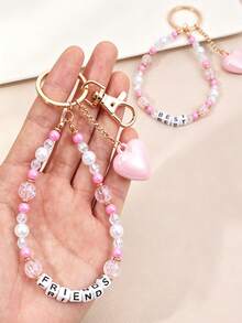 1pc Pearl Heart Beaded Pendant Phone Case Car Key Chain Bag Charm - Multicolor - View 4
