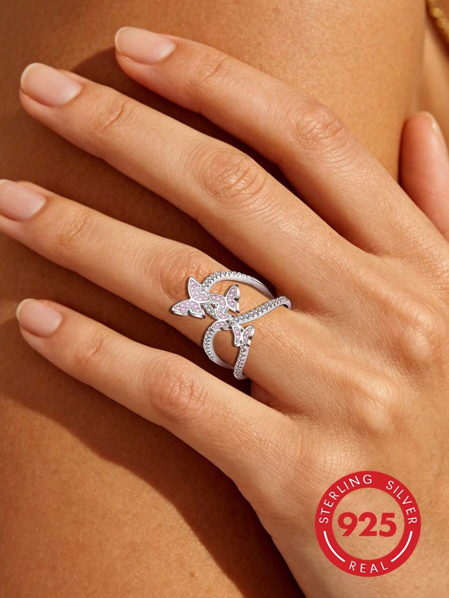 1pc 925 Sterling Silver Cubic Zirconia Butterfly Multi-Layer Wide Ring, Suitable For Women's Summer Casual Vacation Wear, Also Can Be Given As Holiday And Birthday Gift.