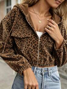 Women's Leopard Print Drawstring Hooded Zip-Up Casual Daily Long Sleeve Shirt - Coffee Brown - View 5