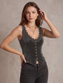 Tank Top Beludru Leher V Wanita, Atasan Tank Top Beludru dengan Hiasan Renda dan Kancing, Kasual untuk Musim Panas - Dark Grey - View 2