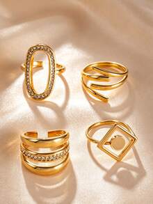 4pcs Summer Elegant Stainless Steel Rhombus Oval Geometric Rhinestone Women's Stackable Ring Set, Suitable For Daily Wear, Dating, Afternoon Tea, Store Visiting, Party, Atmosphere Accessory, Open Adjustable - Gold - View 2