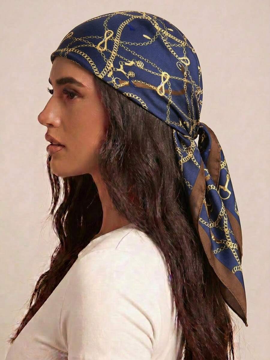 1pc Navy Blue Gold Chain Silk Satin Vintage Elegant Square Scarf, Multi-Purpose Breathable Hair Band, Daily Wear For Women, Spring/Summer - Dark Blue - View 1
