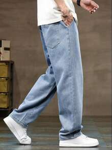 Pantalones vaqueros informales lavados para hombre con cordón y cintura elástica para uso diario - Azul - Ver 7