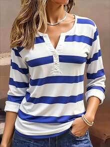 Kaos Lengan Panjang Motif Garis-Garis Blok Warna Kasual Musim Semi/Gugur - MultiWarna - View 2