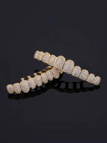 1/2pcs 18K Gold Plated 10-Tooth Full Zirconia Gold Teeth Hip Hop Personalized Halloween Decorative Teeth Suitable For Daily Wear - Multicolor - View 3