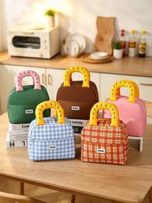 1pc/6pcs Back To School Cute Number Handle Lunch Tote Bag, Classic Plaid And Solid Color Options, Front Extra Pocket, Smooth Zipper, Large Capacity Interior Space For Meals And Utensils, Portable Design Suitable For Daily Commute, Picnic And Outdoor Short Trips - Multicolor - View 2