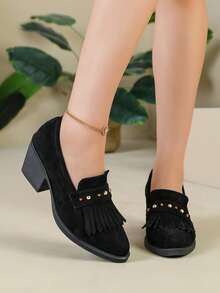 Autumn/Winter New Pointed Toe Tassel Rivet Decor Chunky Heel Loafers For Women, Versatile For Daily Commute, Party, Date - Black - View 4