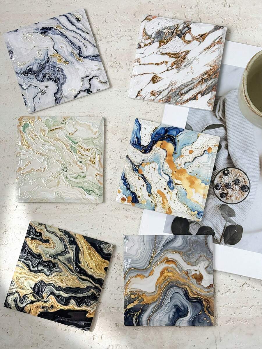 Ins Style Gilded Fluid Marble Pattern Ceramic Coaster, Minimalist High-Definition Printed Waterproof Heat-Resistant Square Ceramic Desktop Protector, Suitable For Home Decor, Refrigerator, Daily Use And Holiday Birthday Gift